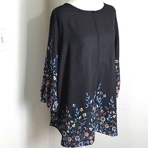 Woman Within Black Blouse with Colorful Trim in Flowers, Size 18/20